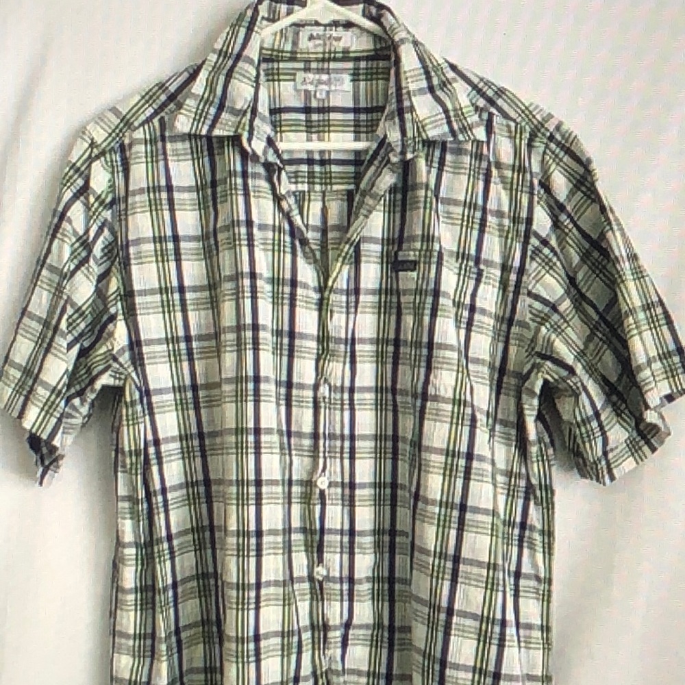 Ecko Unltd Rhino Brand Men Green Blue White Plaid Short Sleeve Button Up Shirt L